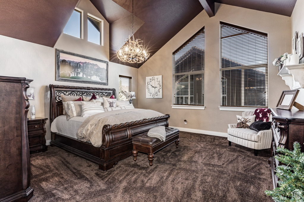 Bedroom with beam ceiling, carpet, high vaulted ceiling, and a chandelier