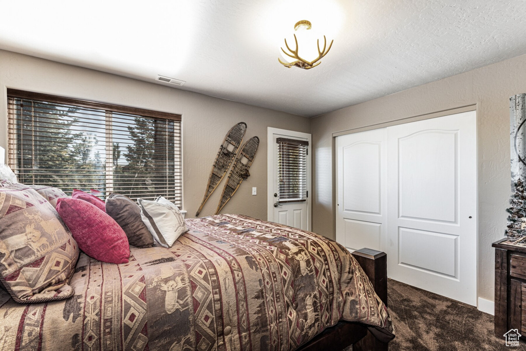 Bedroom featuring carpet and a closet