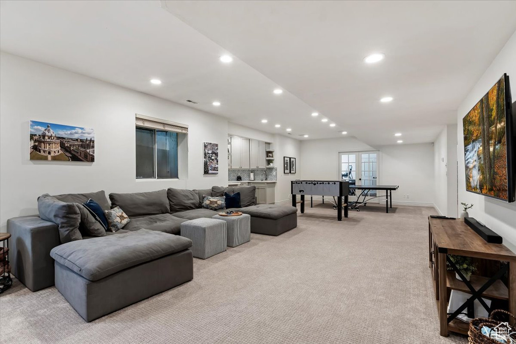 Living room with light carpet