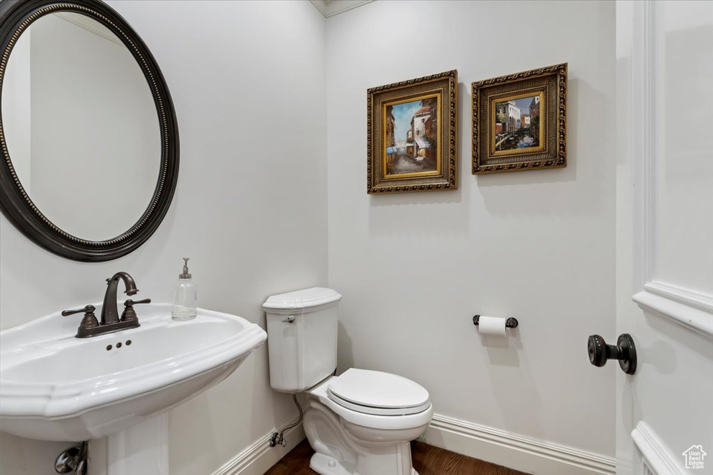 Bathroom featuring sink, toilet, and hardwood / wood-style flooring