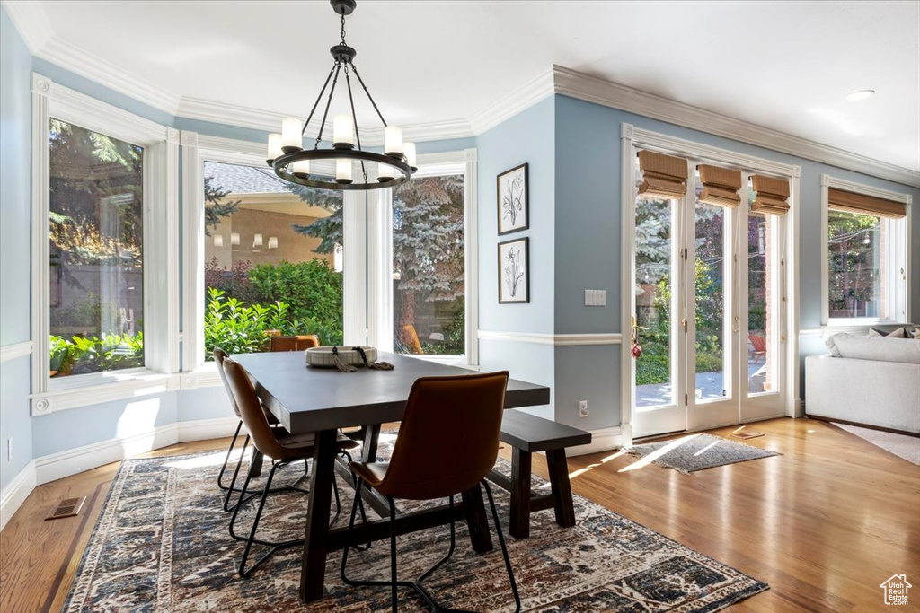 Dining space with an inviting chandelier, a wealth of natural light, and hardwood / wood-style floors