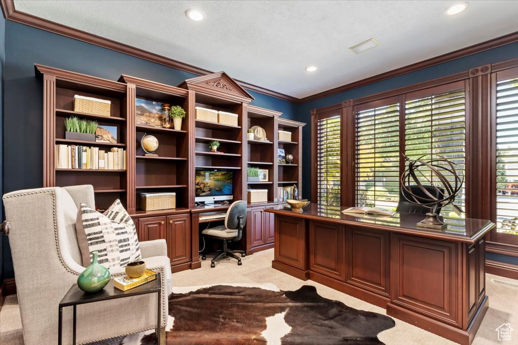 Carpeted office with built in desk, a textured ceiling, a healthy amount of sunlight, and crown molding