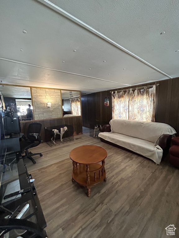 Living room featuring wood walls, a textured ceiling, hardwood / wood-style flooring, and a healthy amount of sunlight