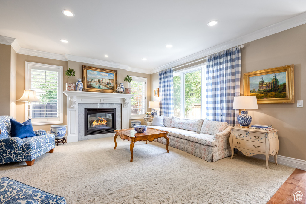 Living room with a tile fireplace, crown molding, and wood-type flooring