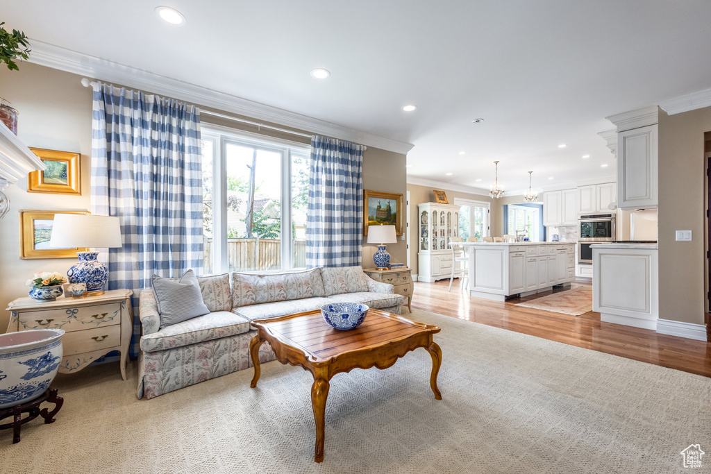 Living room with light wood-type flooring, ornamental molding, and a healthy amount of sunlight