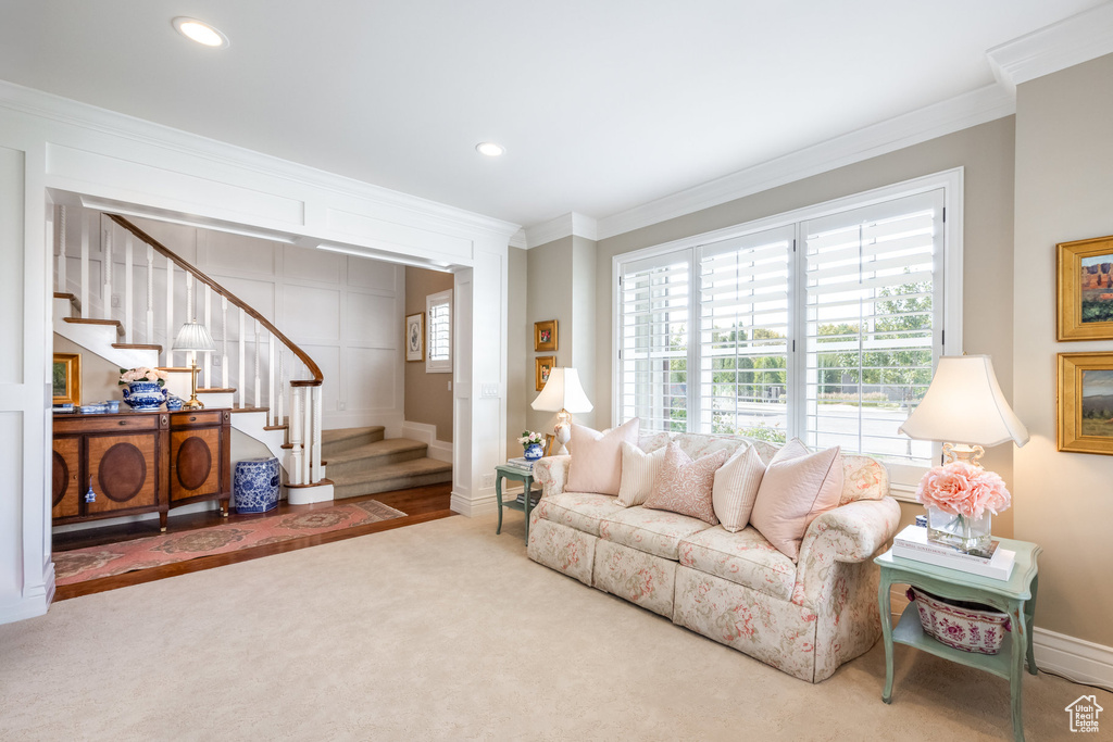 Living room featuring crown molding and carpet flooring