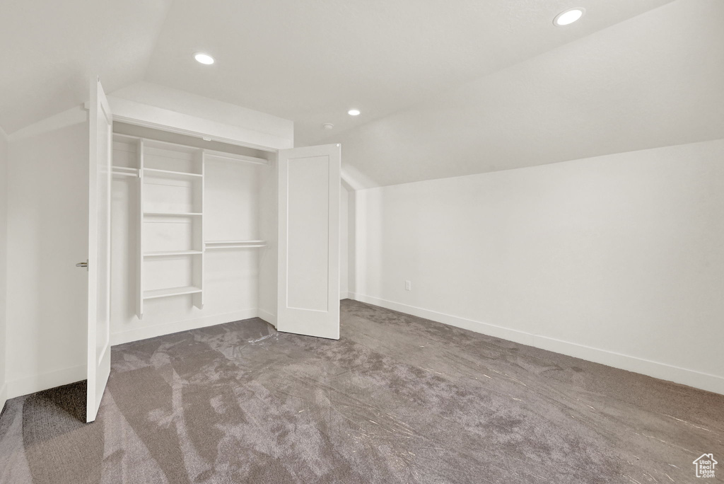 Interior space featuring carpet, lofted ceiling, and a closet