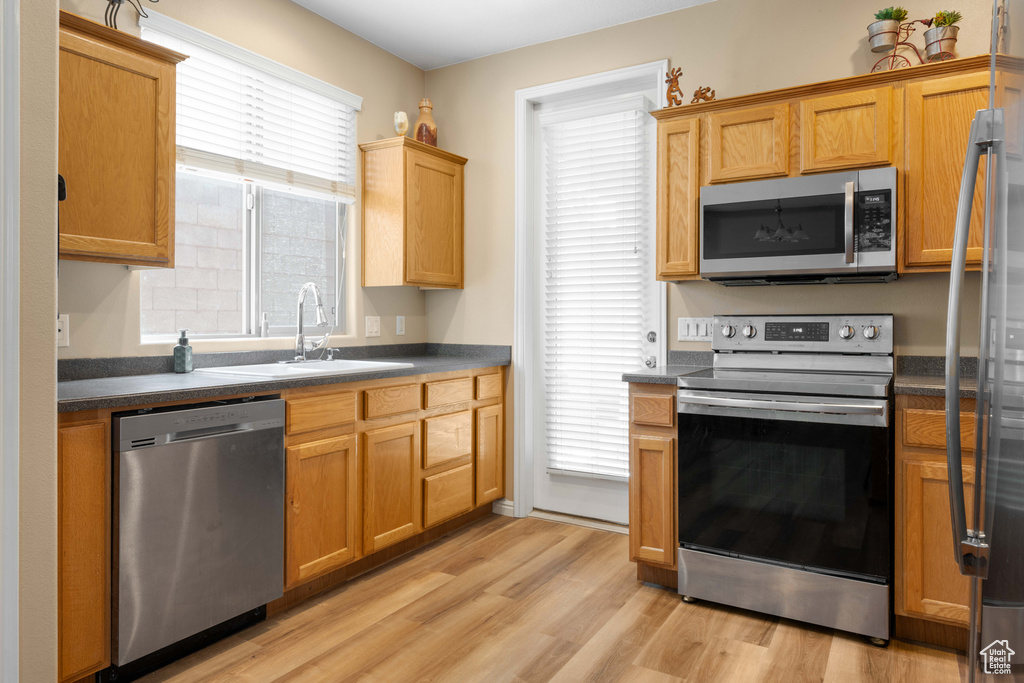 Kitchen featuring stainless steel appliances, light wood-type flooring, and sink