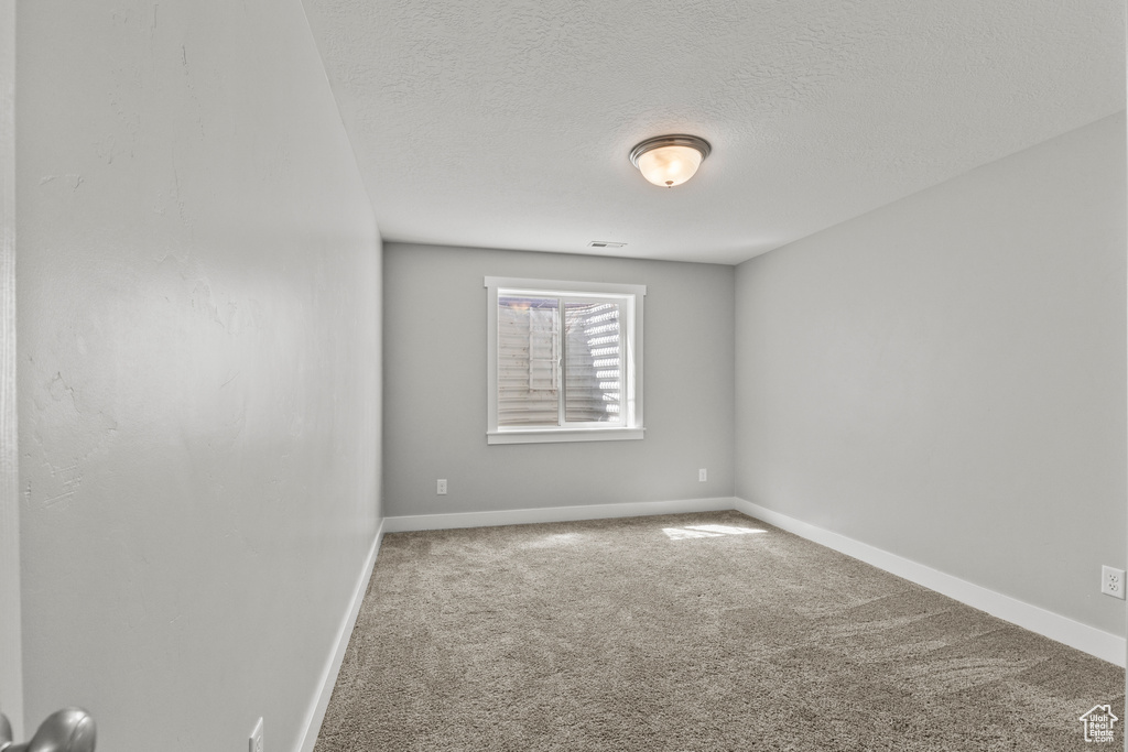Carpeted spare room with a textured ceiling and baseboards