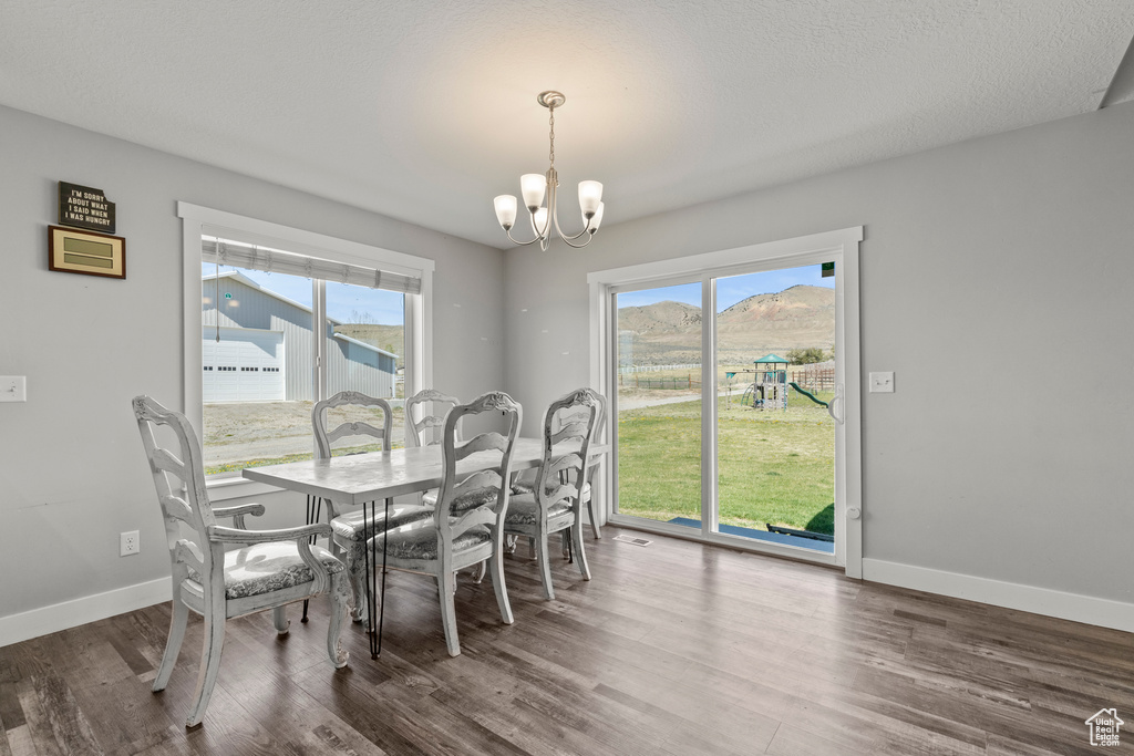 Dining area featuring a chandelier, wood finished floors, plenty of natural light, and baseboards