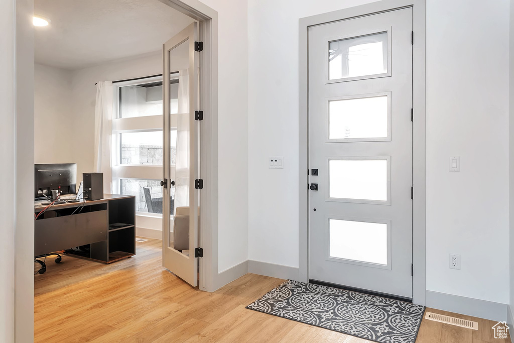 Foyer entrance with light hardwood / wood-style floors