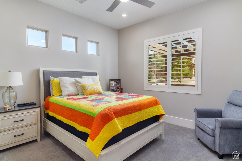 Bedroom featuring carpet floors and ceiling fan