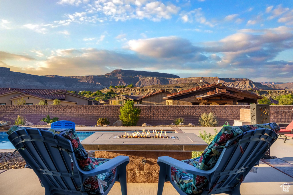 View of patio / terrace featuring a mountain view