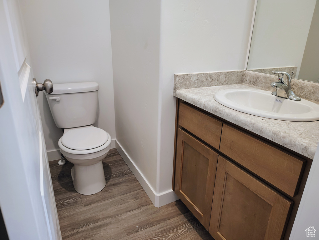 Bathroom featuring wood-type flooring, vanity, and toilet