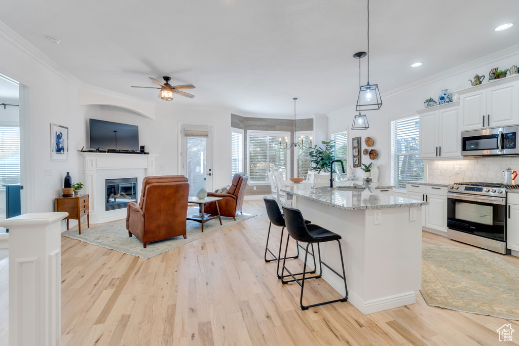 Kitchen featuring light hardwood / wood-style floors, a kitchen island with sink, hanging light fixtures, appliances with stainless steel finishes, and ceiling fan