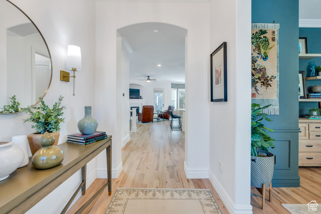 Corridor with light hardwood / wood-style flooring and crown molding