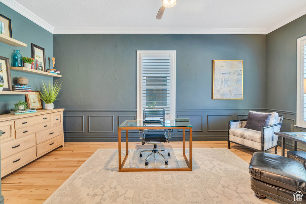 Office space featuring ceiling fan, light wood-type flooring, and crown molding