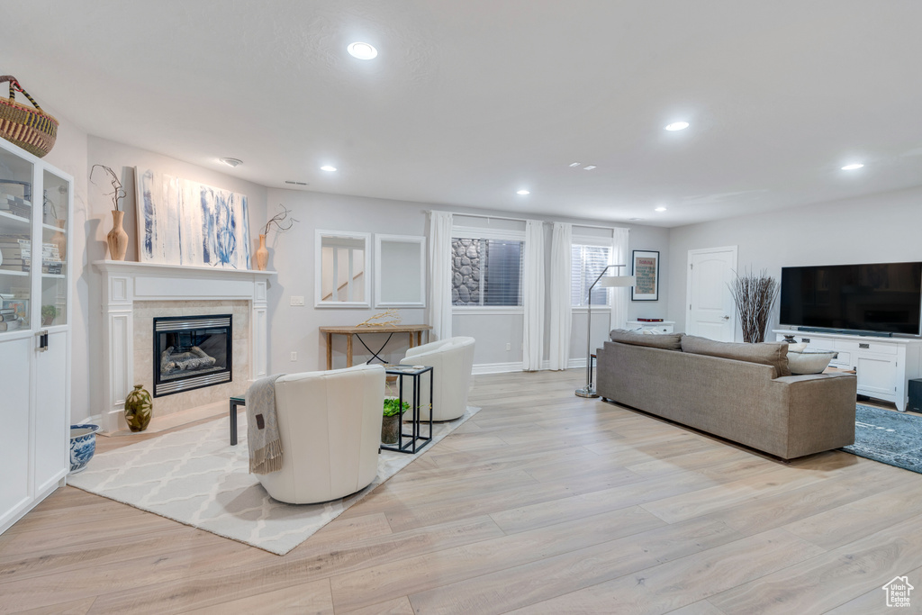 Living room featuring light hardwood / wood-style flooring and a premium fireplace