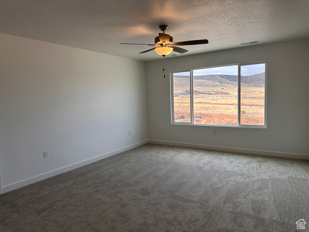 Spare room featuring a mountain view, a textured ceiling, and dark colored carpet