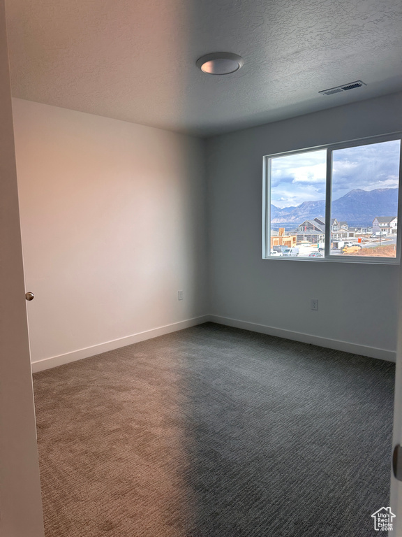 Empty room with a mountain view, dark carpet, and a textured ceiling