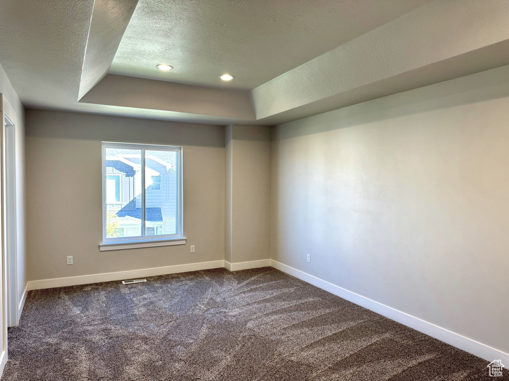 Spare room with a textured ceiling, a tray ceiling, and carpet