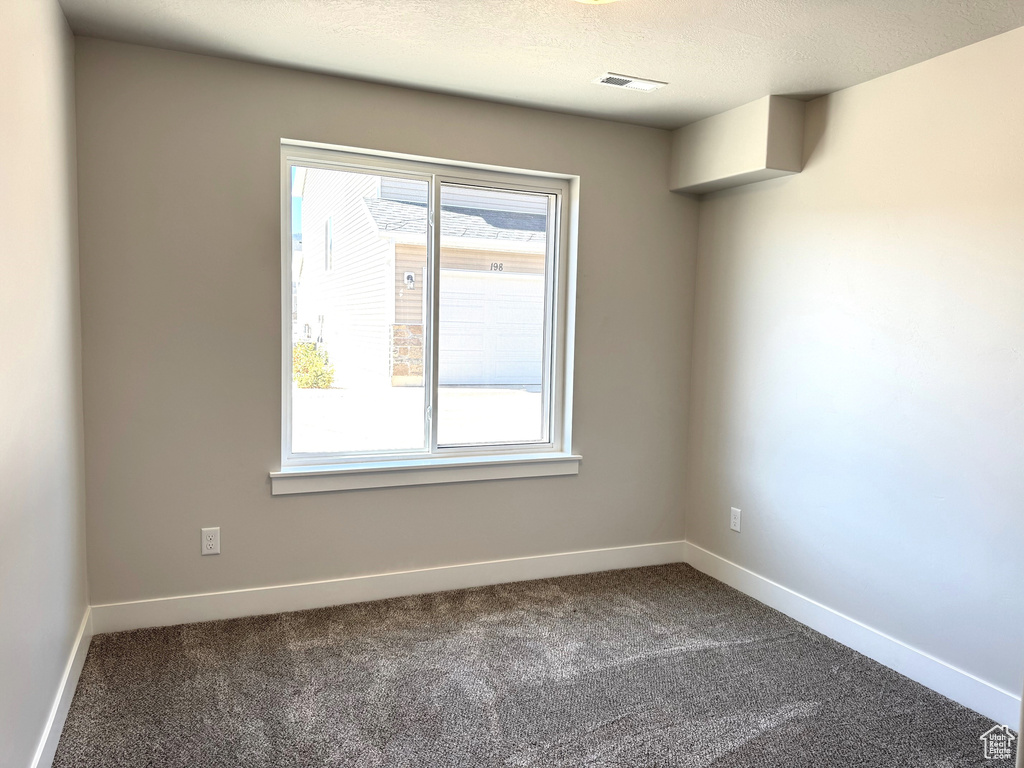 Empty room featuring a textured ceiling and carpet flooring