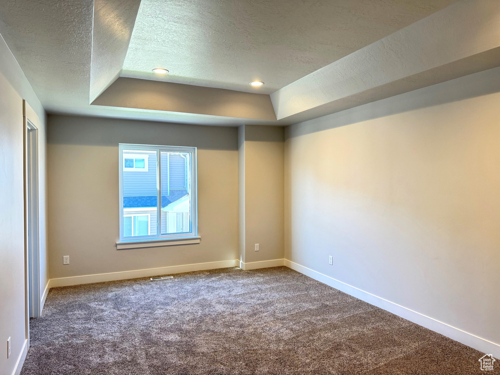 Carpeted empty room with a textured ceiling and a tray ceiling