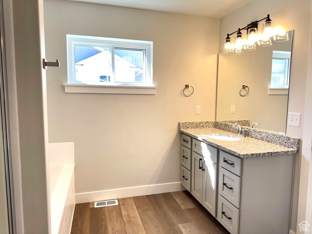 Bathroom featuring vanity, hardwood / wood-style floors, a tub, and a healthy amount of sunlight