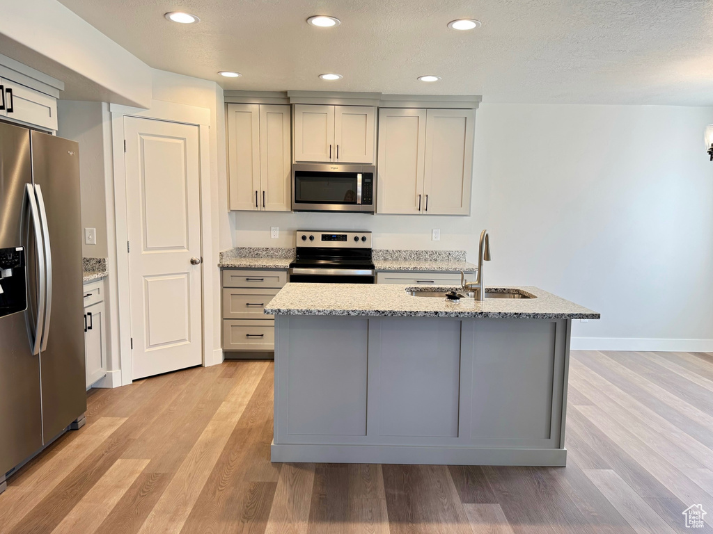 Kitchen featuring gray cabinetry, stainless steel appliances, and sink