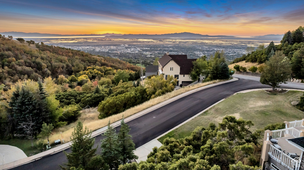 Aerial view at dusk with a mountain view