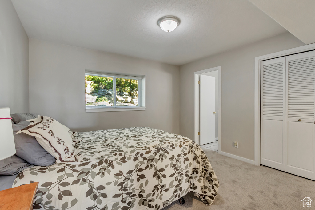 Carpeted bedroom with a closet