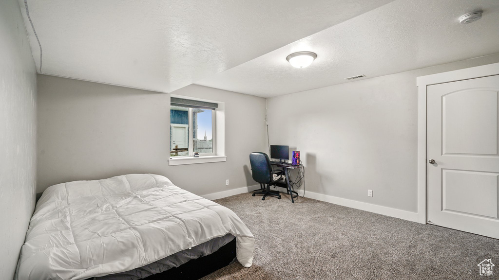 Bedroom featuring carpet floors, baseboards, and an office area