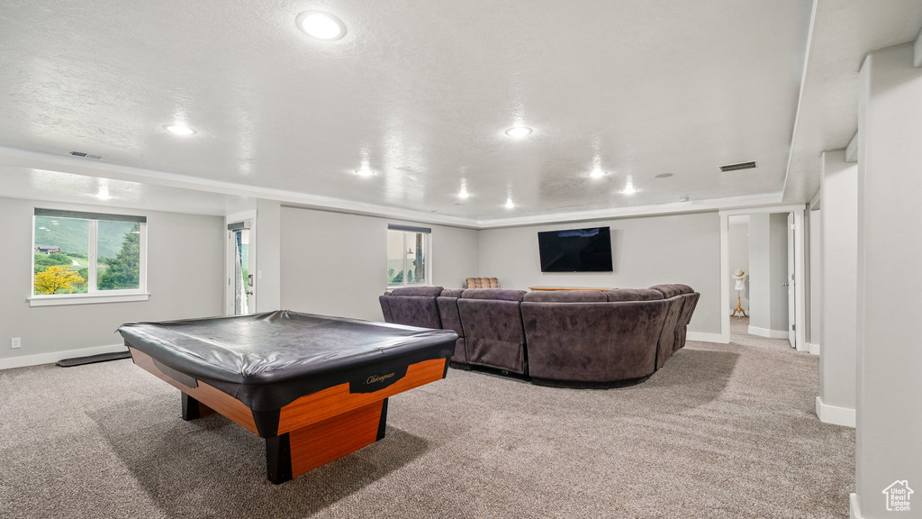 Playroom with baseboards, carpet floors, recessed lighting, and billiards table
