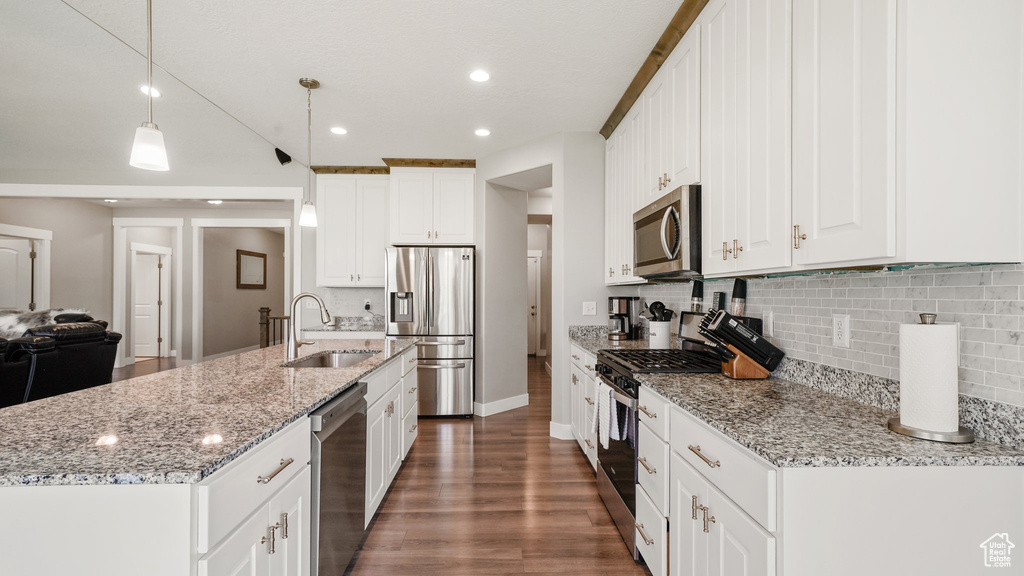 Kitchen with stainless steel appliances, a sink, dark wood-style floors, decorative backsplash, and recessed lighting