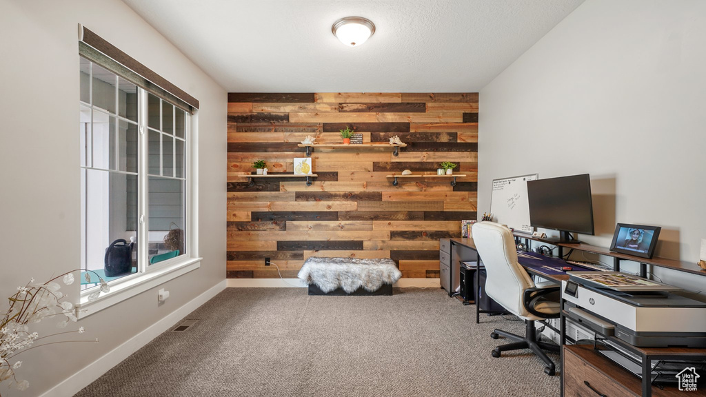 Carpeted home office featuring wooden walls and baseboards