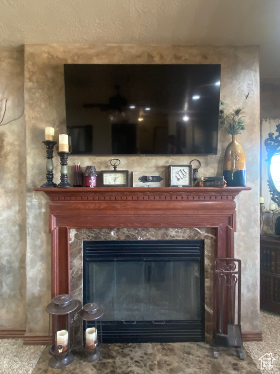 Interior details with carpet flooring and a high end fireplace