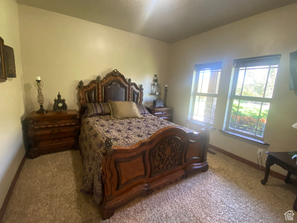 Carpeted bedroom featuring multiple windows