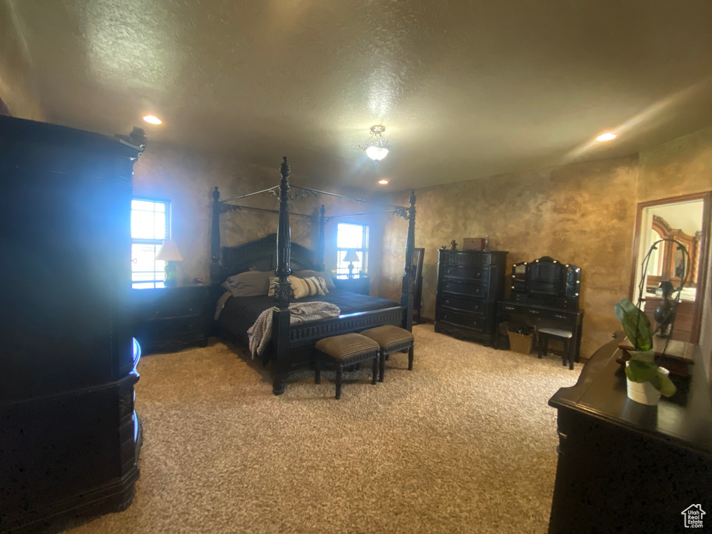 Carpeted bedroom with a textured ceiling