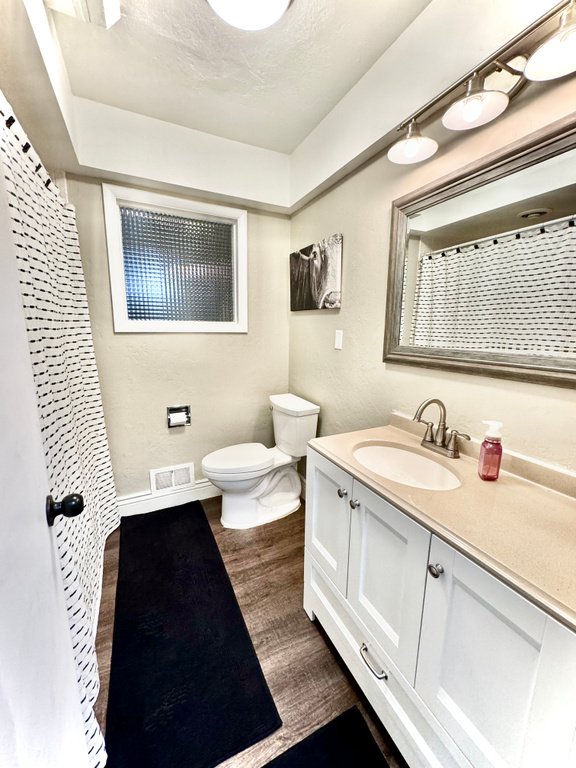 Bathroom featuring hardwood / wood-style floors, a textured ceiling, vanity, and toilet