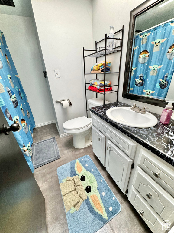 Bathroom featuring wood-type flooring, vanity, and toilet