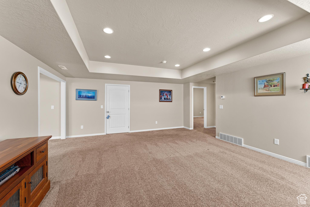 Interior space with carpet, a textured ceiling, and a tray ceiling