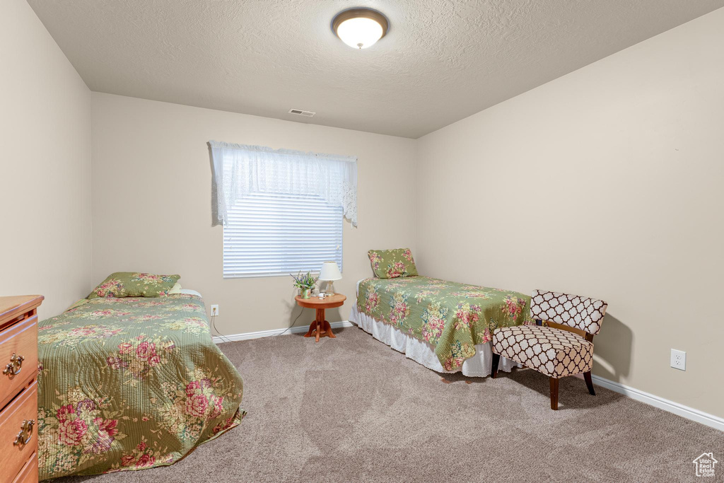 Bedroom with a textured ceiling and carpet flooring