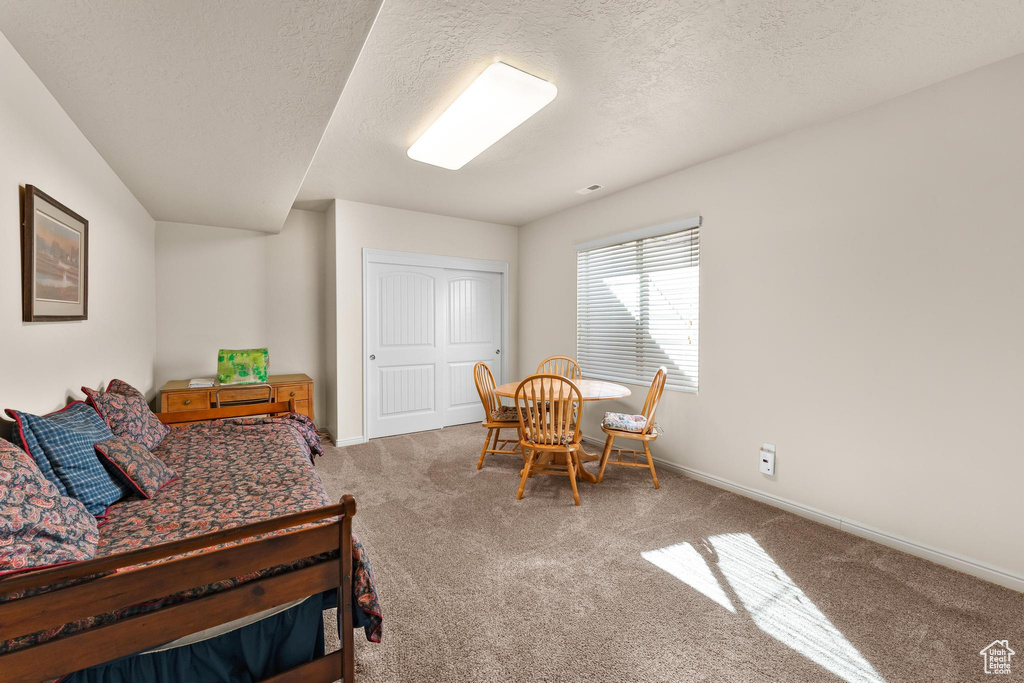 Bedroom featuring a closet, a textured ceiling, and carpet floors