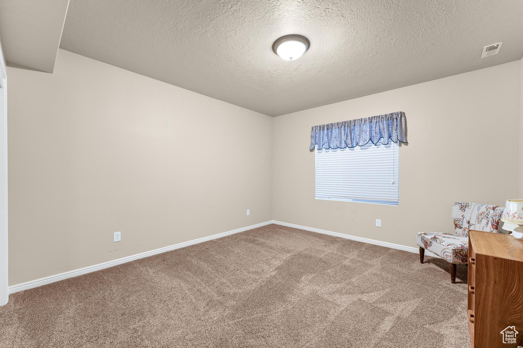 Empty room featuring a textured ceiling and carpet flooring