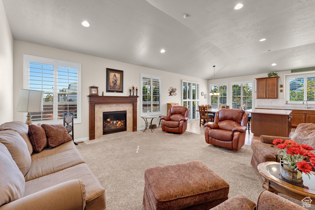 Carpeted living room with a textured ceiling, lofted ceiling, sink, and a premium fireplace