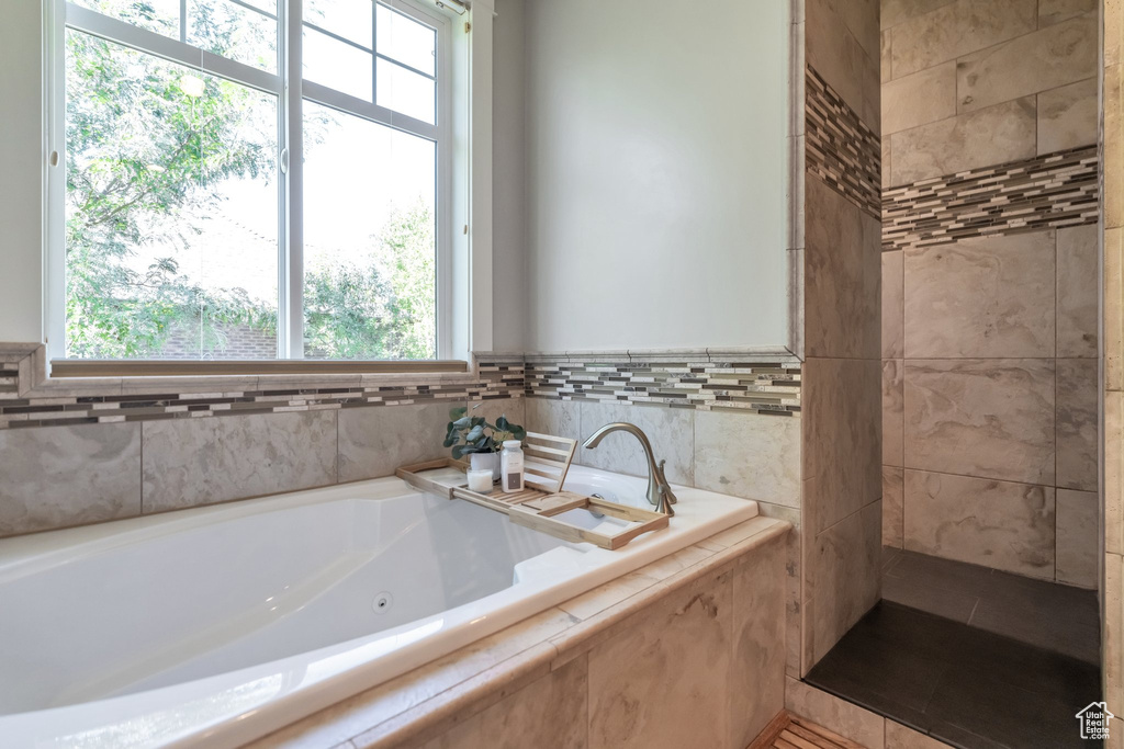 Bathroom featuring tiled bath and a healthy amount of sunlight