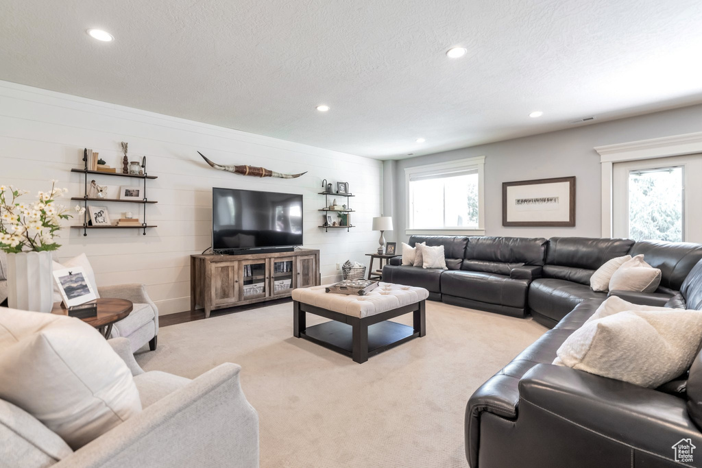 Carpeted living room with a textured ceiling