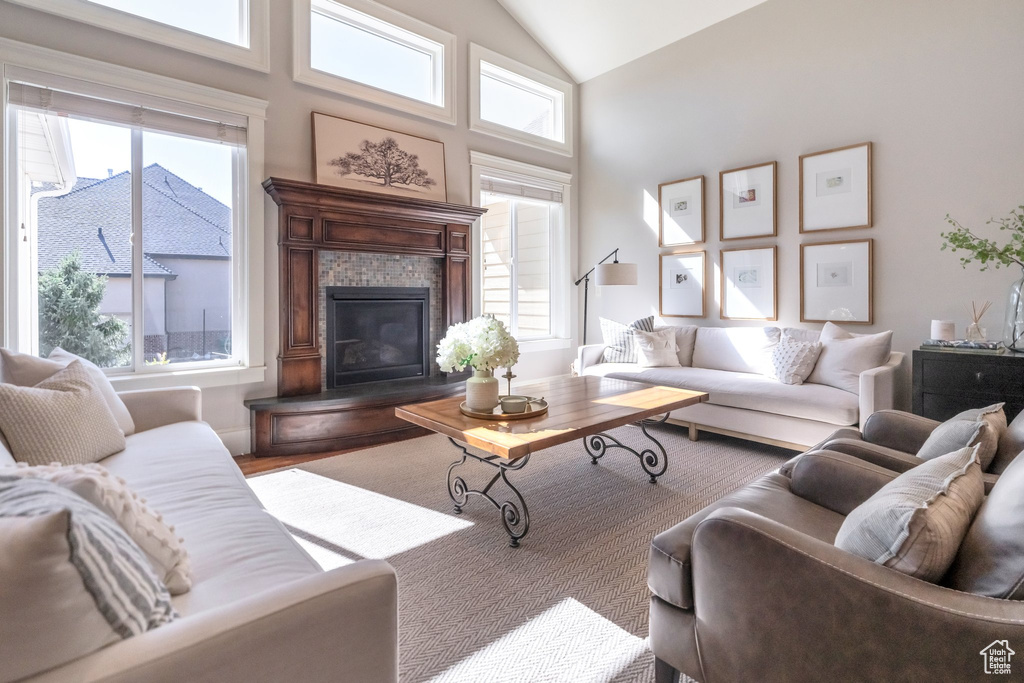 Living room featuring a healthy amount of sunlight and high vaulted ceiling