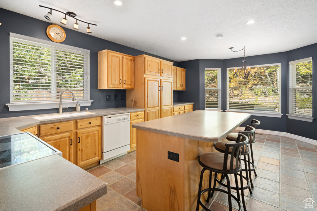 Kitchen featuring a healthy amount of sunlight, hanging light fixtures, a center island, and white dishwasher