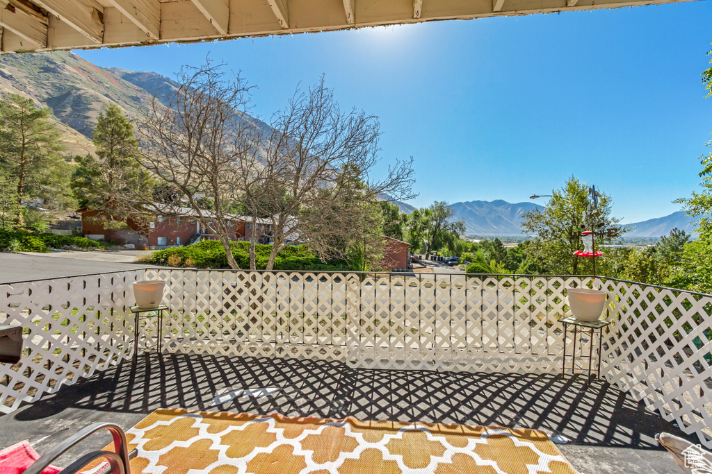 View of patio featuring a mountain view